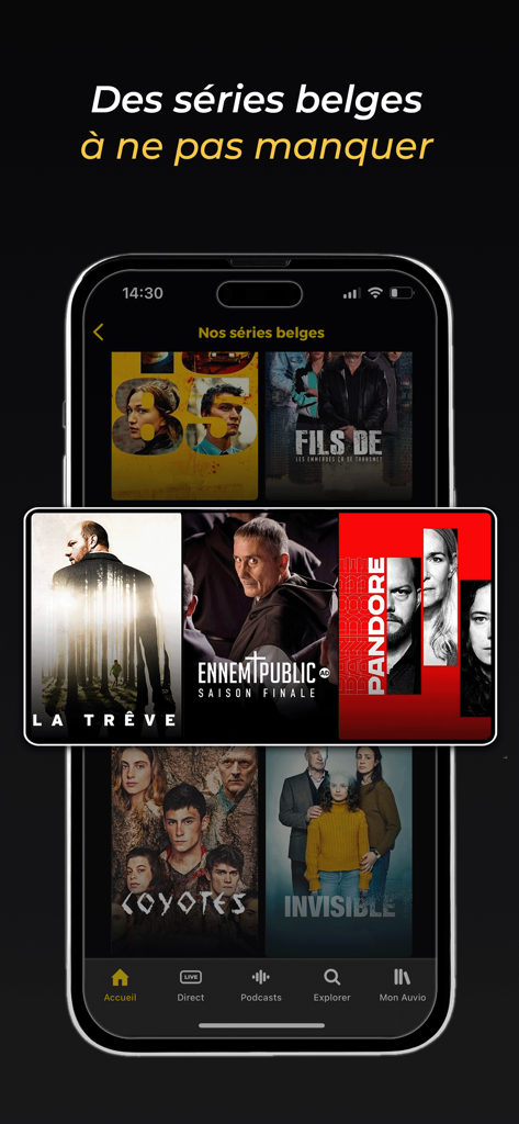 iPhone screen displaying the RTBF Auvio app with a collection of Belgian TV series posters like La Treve and Ennemi Public