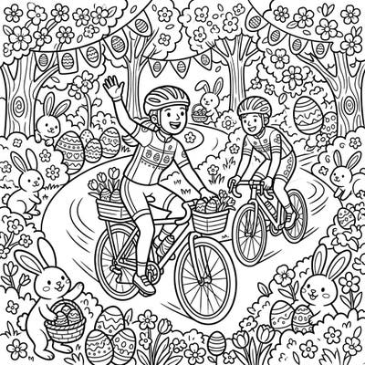 Celebrate Easter with this joyful coloring page featuring cyclists enjoying a scenic ride. Discover playful bunnies, hidden eggs, and blooming flowers, all ready for your creative touch.