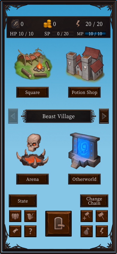 Ax RPG II - Menu en jeu d'Ax RPG II montrant les installations du Village des Bêtes comme la Boutique de Potions, l'Arène et le portail de l'Autre Monde.