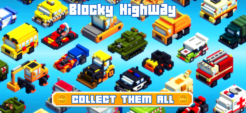 Blocky Highway - A variety of blocky voxel art vehicles from the game Blocky Highway with the text Collect Them All.