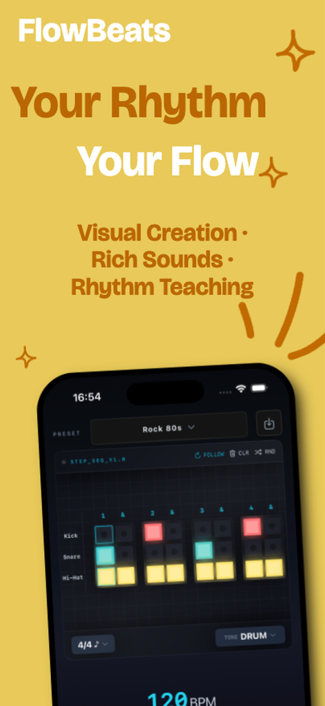 FlowBeats Metronome - Interface de l'application FlowBeats Metronome montrant un séquenceur de rythme visuel pour des motifs de batterie