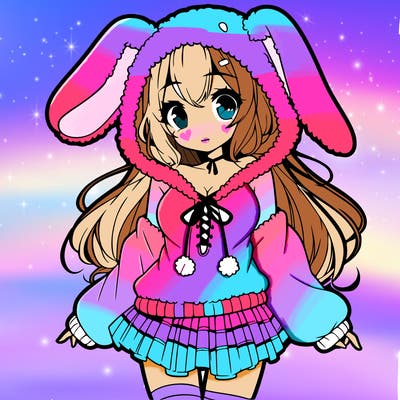 pretty anime girl wearing a fluffy hoodie with bunny ears on the hood and a skirt