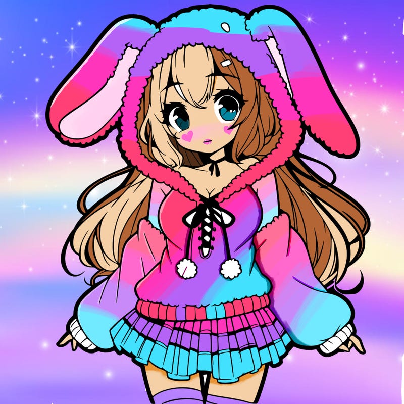 pretty anime girl wearing a fluffy hoodie with bunny ears on the hood and a skirt