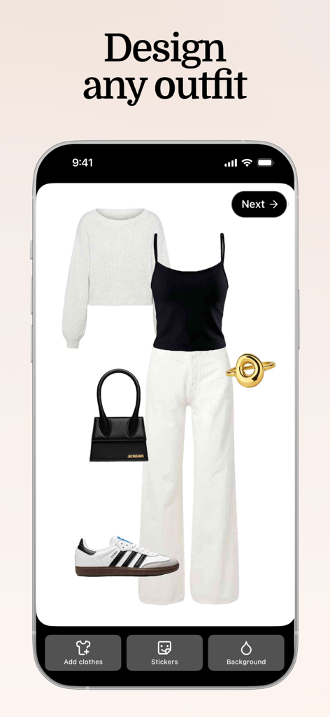 Fits – Outfit Planner & Closet - Interface of the Fits app showing a curated outfit mood board with white trousers and black top