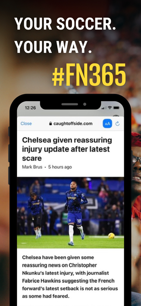 Football News 365 - Soccer - App mobile Football News 365 che mostra un articolo di notizie sugli aggiornamenti sugli infortuni dei giocatori del Chelsea FC
