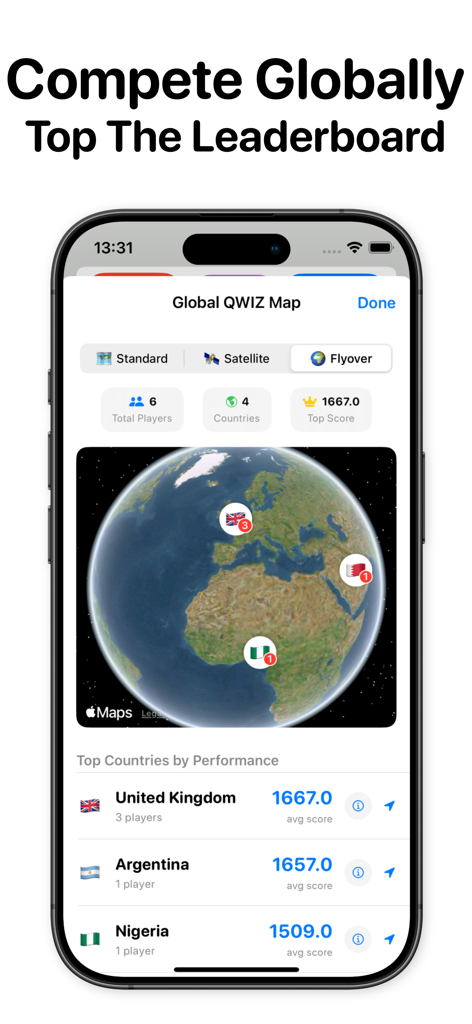 Qwiz: Daily Quiz, Trivia Game - Global map and leaderboard showing top performing countries in the Qwiz trivia app