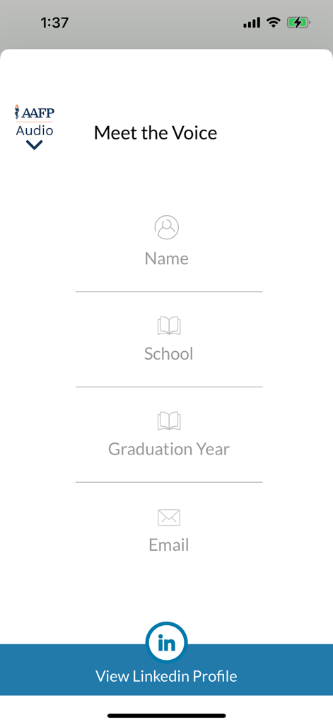 AAFP Audio - The Meet the Voice screen in the AAFP Audio app displaying narrator information and a link to their LinkedIn profile