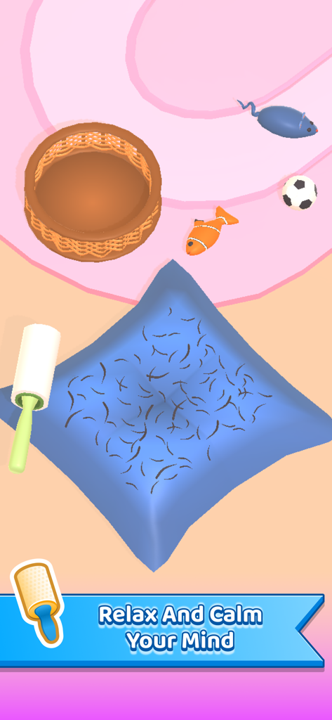 Um jogador usando um rolo removedor de fiapos para limpar pelos de um travesseiro azul no jogo My Tidy Life