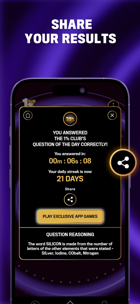 The 1% Club TV Show Quiz Game - The 1 Percent Club app result screen displaying a correctly answered daily question and a 21 day streak