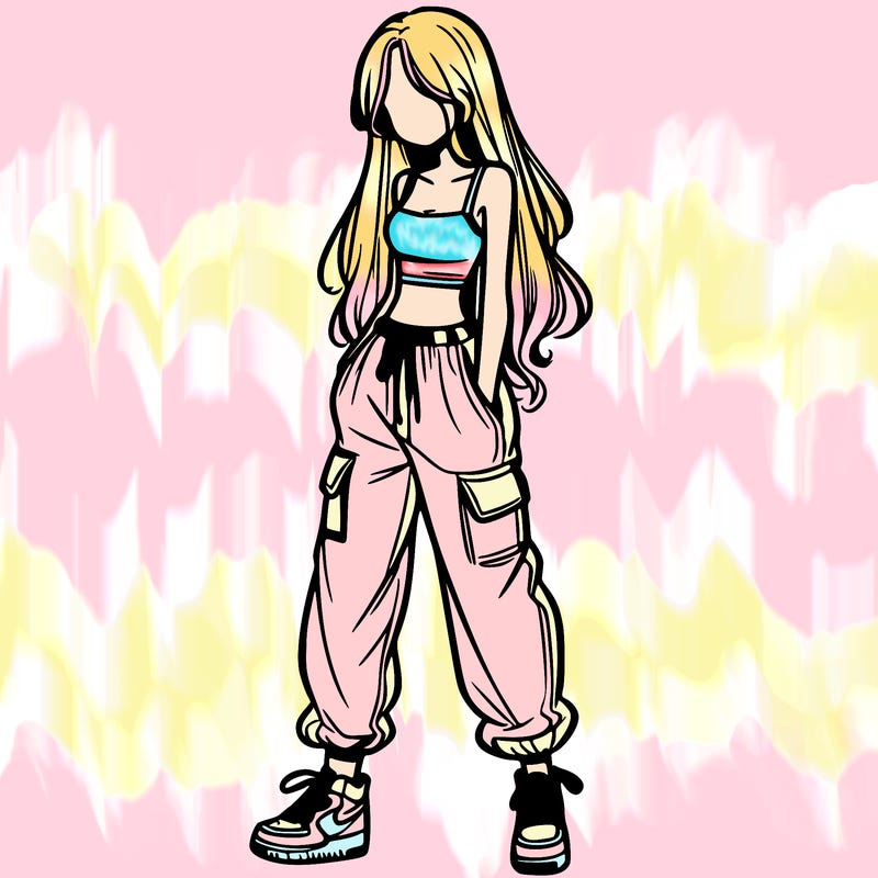 girl in baggy pants crop top and long hair