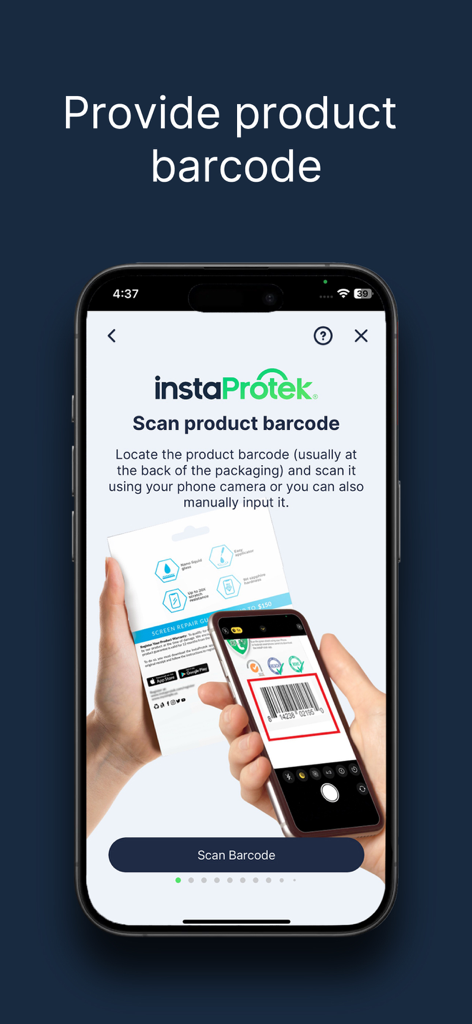 A smartphone scanning a product barcode within the instaProtek app for quick warranty registration.