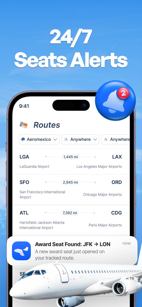 Flightpoints - Award Flights - A smartphone screen displaying flight route tracking with a push notification alert for a found award seat from JFK to London