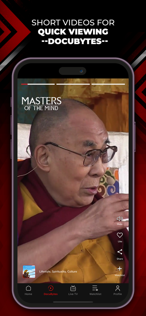 DocuBay - Watch Documentaries - DocuBay App-Oberfläche, die die DocuBytes-Funktion für kurze Dokumentationsclips zeigt