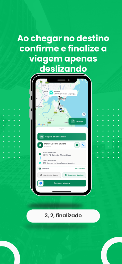 Rucca - Para Motoristas - Smartphone screen of the Rucca driver app interface showing a map route and a green slider button to end a trip