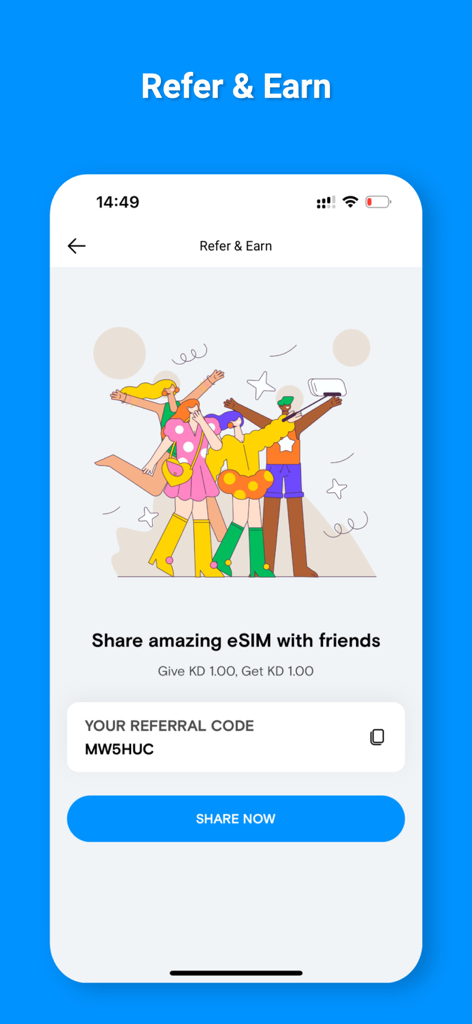 A screenshot of the USim app Refer and Earn page showing a referral code and reward details for sharing travel eSIM services with friends.