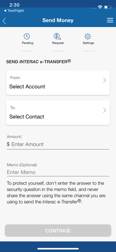 Your Credit Union Mobile App - Interac e-Transfer interface in the Your Credit Union mobile app showing fields for account selection, contact selection, and amount.