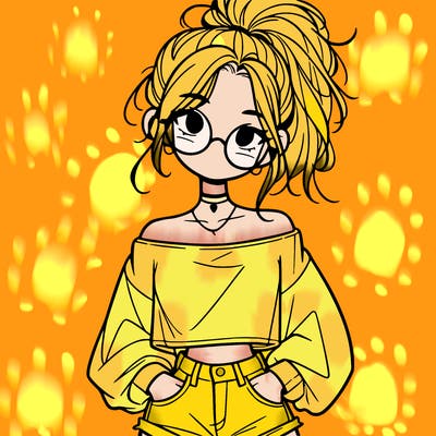 girl with a messy ponytail glasses a baggy crop top and jean shorts