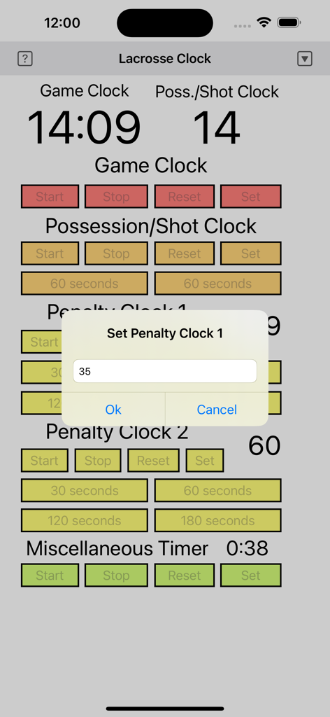 Lacrosse Clock app dashboard with multiple timers and a penalty clock setting popup