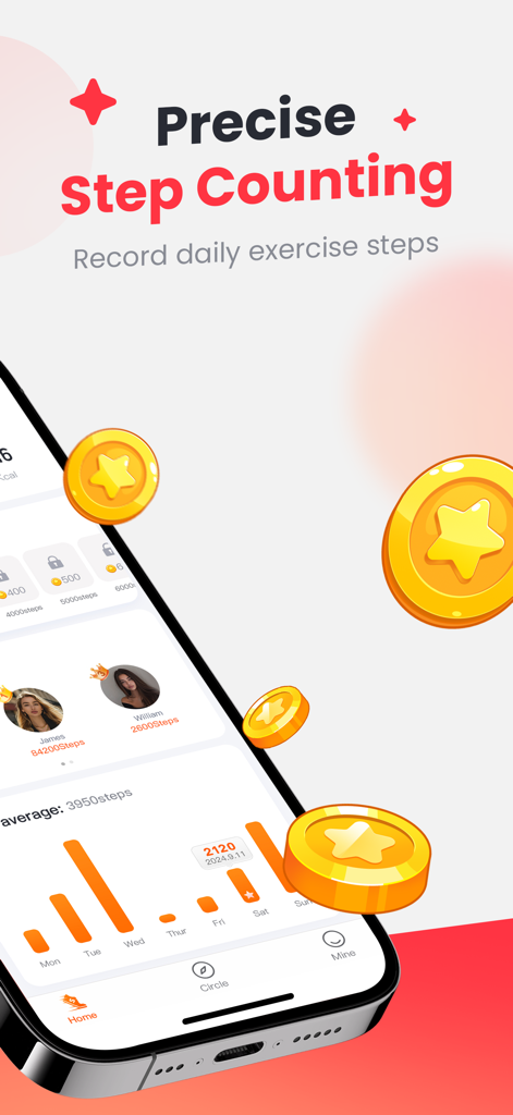 Captura de pantalla de la aplicación StepFit que muestra el conteo preciso de pasos, gráficos de progreso semanales y rankings de usuarios con monedas de recompensa.