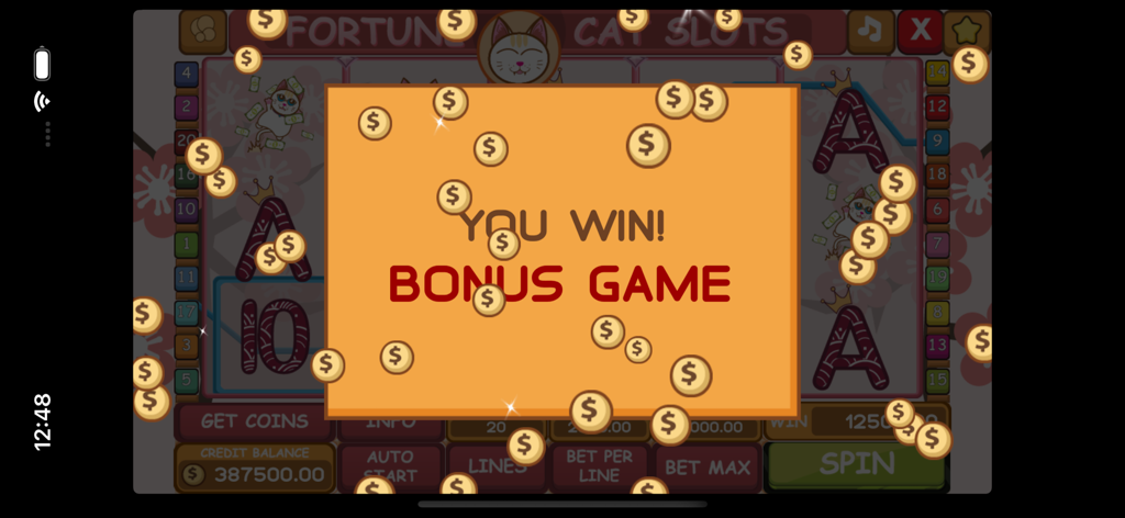 Fortune Cat MaoMao's Slots - Bonus game win screen in Fortune Cat slots with falling gold coins
