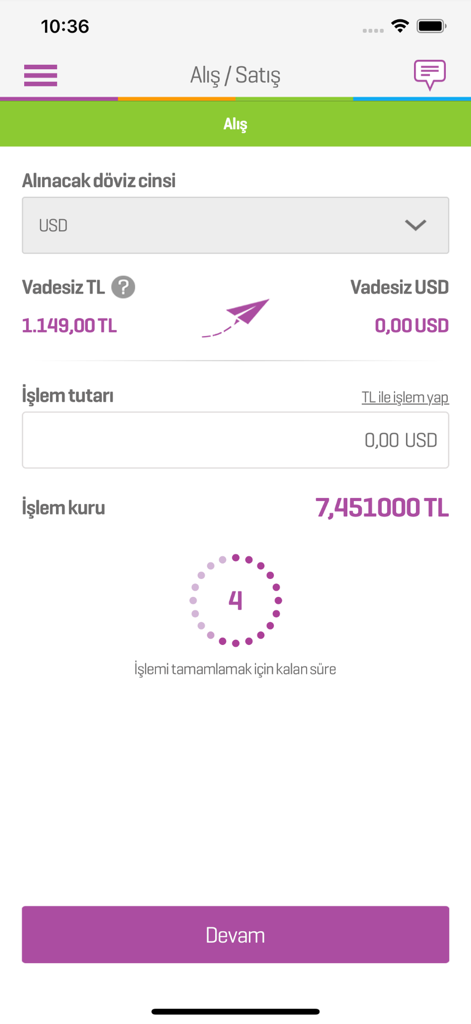 Enpara Bank Cep Şube - Currency exchange interface in the Enpara Bank mobile app showing the process of buying US Dollars with Turkish Lira
