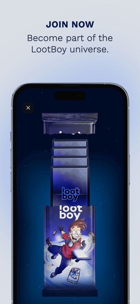 LootBoy App-Screenshot, der das Öffnen eines digitalen Packs mit einer Aufforderung zur Teilnahme an der Community zeigt