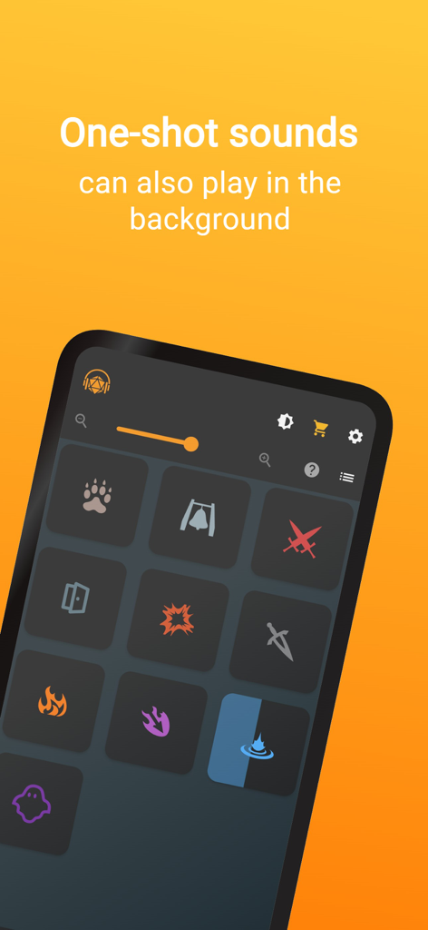 Interface of the Audio Forge RPG soundboard displaying a grid of one-shot sound effect icons for tabletop gaming.