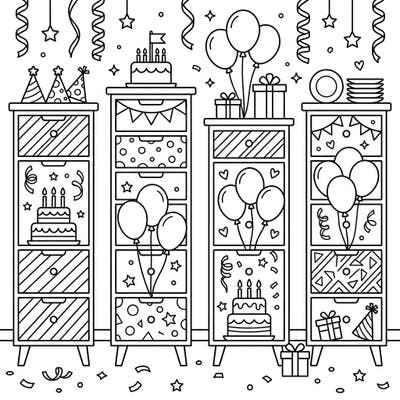Get ready to party with this delightful coloring page featuring tall chests of drawers adorned with all things birthday! Discover cakes, balloons, party hats, and gifts ready for a vibrant splash of color.