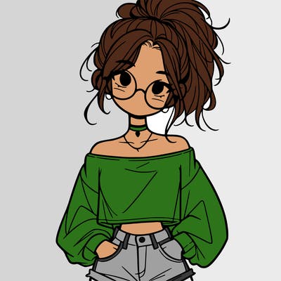 girl with a messy ponytail glasses a baggy crop top and jean shorts