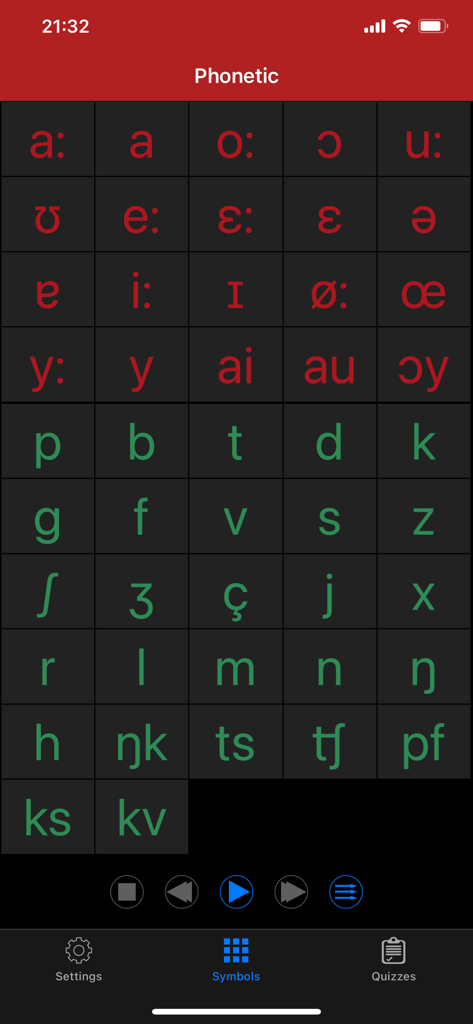 Una cuadrícula de símbolos fonéticos alemanes y caracteres AFI dentro de la interfaz de la aplicación.