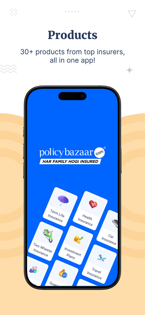 Policybazaar-Compare.Buy.Save. - L'interface de l'application Policybazaar affiche différentes catégories d'assurance, notamment l'assurance maladie, l'assurance vie temporaire et l'assurance automobile.
