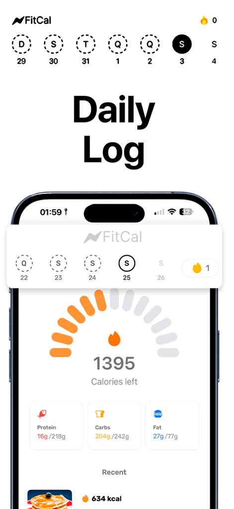 FitCal: Calorie Counter - FitCal mobile app interface displaying the daily log dashboard with calorie goals and macronutrient tracking