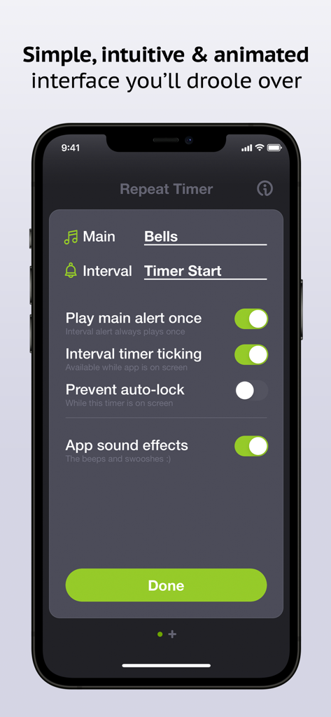 Repeat Timer: Interval Remind - Settings screen of the Repeat Timer app showing sound and interval customization options on an iPhone.