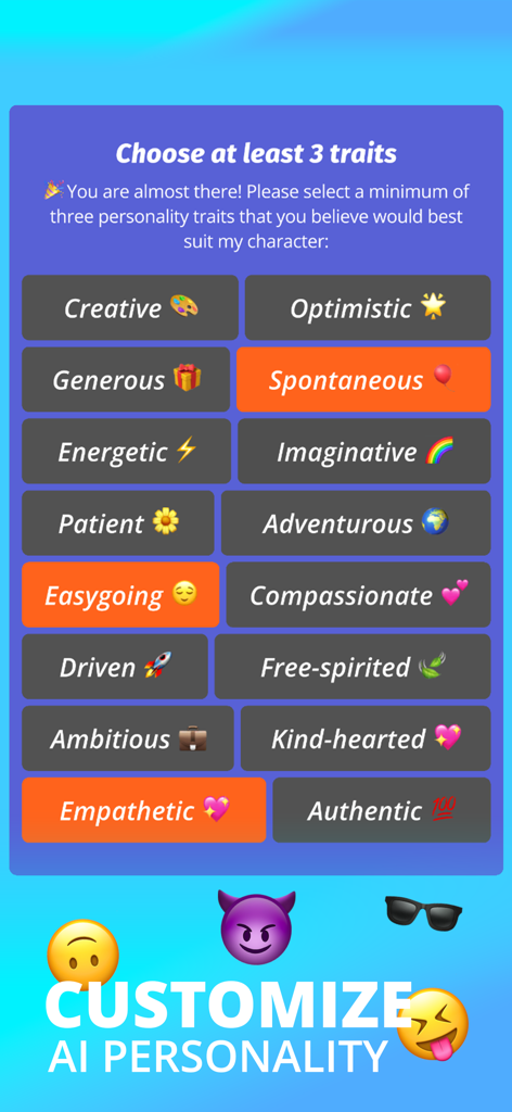 AI Girlfriend Roleplay: AVA - Un menú de selección de rasgos de personalidad para personalizar un personaje compañero de IA