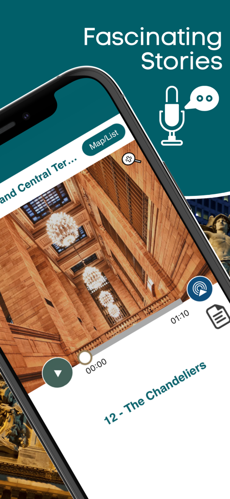 iPhone screen showing the Grand Central Terminal Tour app audio guide for the chandeliers with fascinating history stories