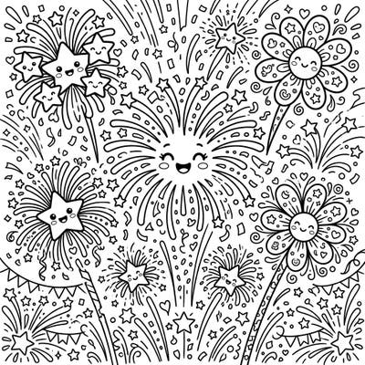 Get ready to celebrate with this incredibly cute Kawaii Birthday Fireworks coloring page! Adorable smiling stars and flowers explode across the scene, showering down festive confetti and joy.