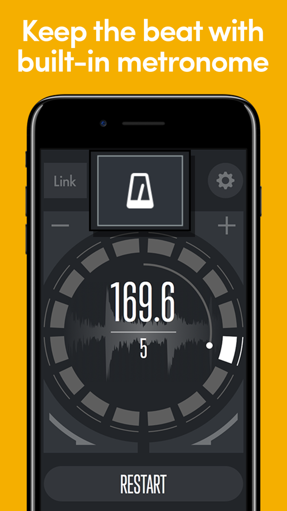 Beat Detect mobile App-Oberfläche zeigt ein eingebautes Metronom mit 169,6 BPM Anzeige.