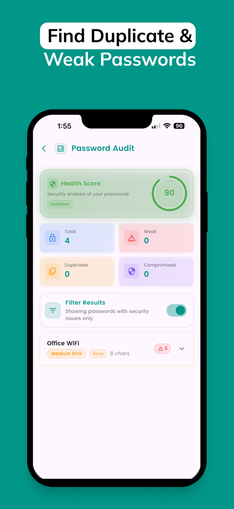DroidPass Password Manager - DroidPass app screenshot showing the Password Audit feature with a security health score and counts for weak duplicate and compromised passwords