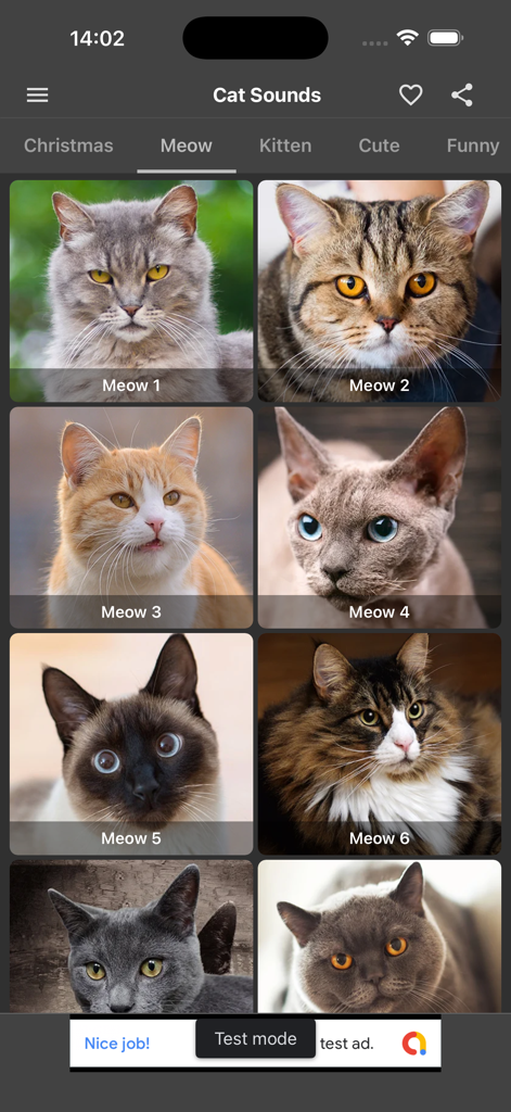 Cat Sounds - Meow Soundboard - A grid of different cat photos in the Meow category of the Cat Sounds soundboard app