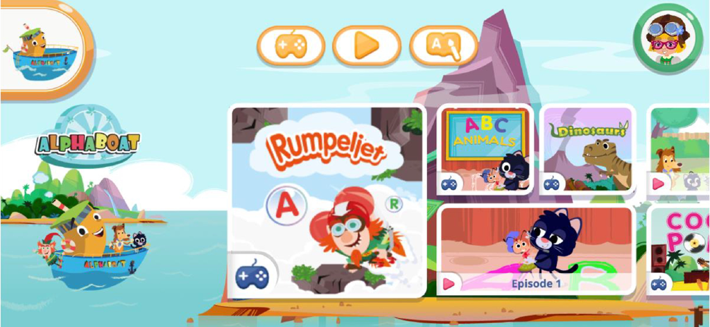 Kangi Club - English For Kids! - Menú principal de la aplicación Kangi Club que muestra varios juegos y actividades de aprendizaje de inglés para niños