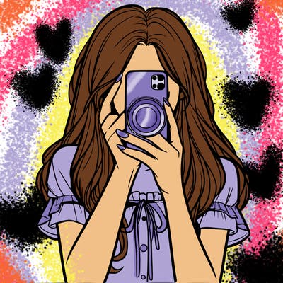 a realistic girl holding her phone taking pictures