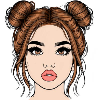 realistic girl with two buns on her hair and lips