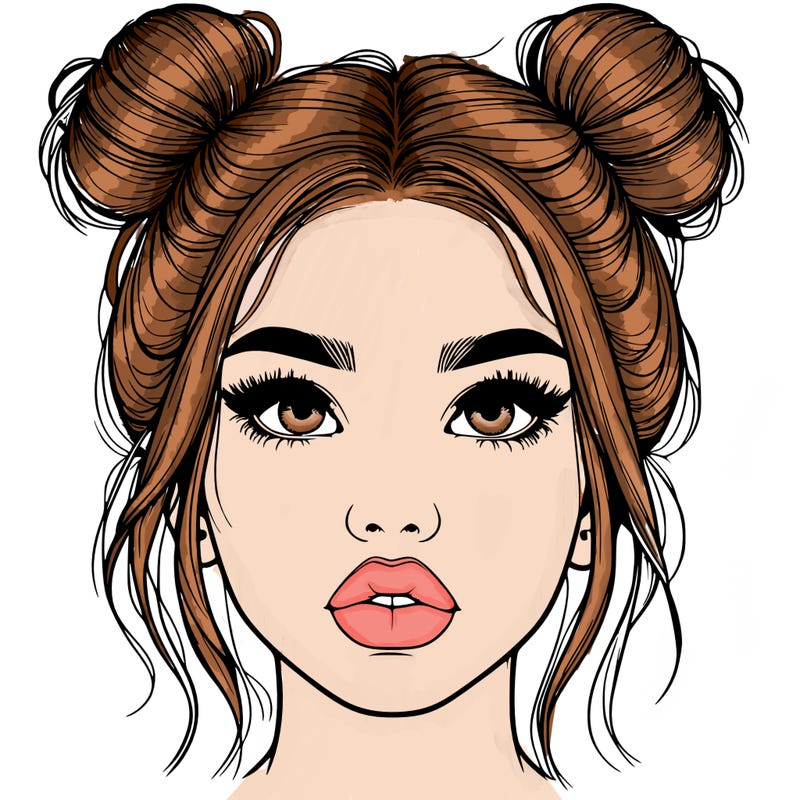 realistic girl with two buns on her hair and lips