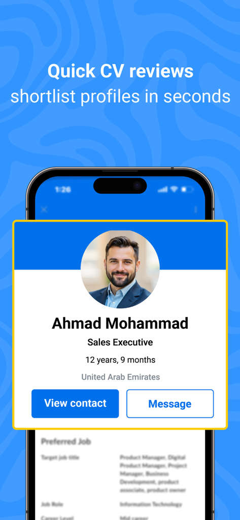 A candidate profile on the Bayt.com for Employers app showing a sales executive from the UAE with quick contact and messaging options