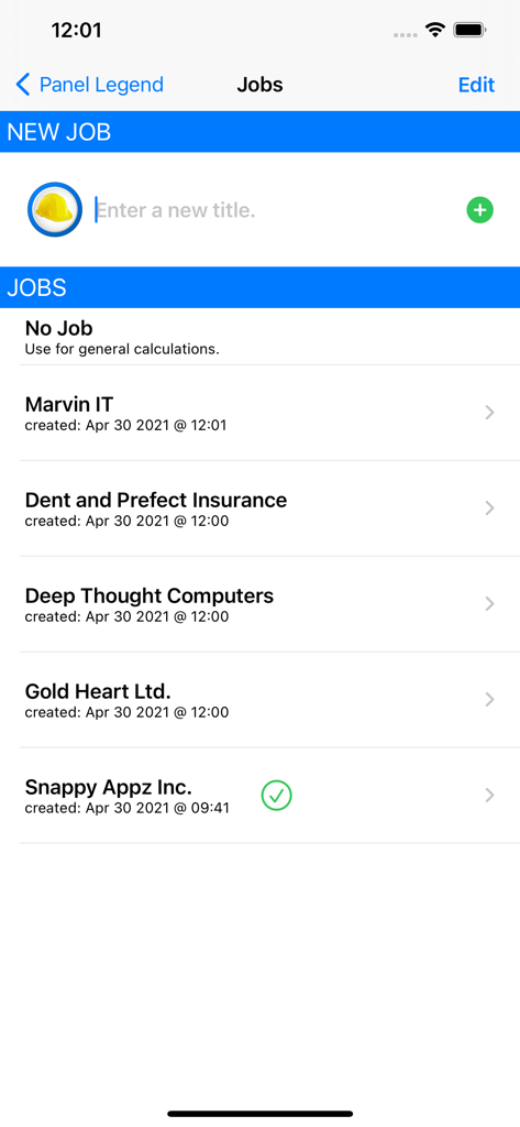 Panel Legend 2 - Pantalla de gestión de trabajos en la aplicación Panel Legend 2 que muestra una lista de proyectos eléctricos organizados y un campo para crear un nuevo trabajo.