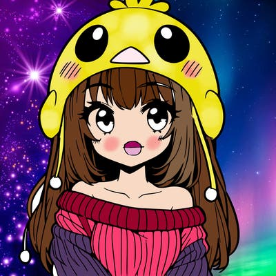 anime girl with chick shaped hat with sweater with bare shoulders with bangs covering them one eye with low tail