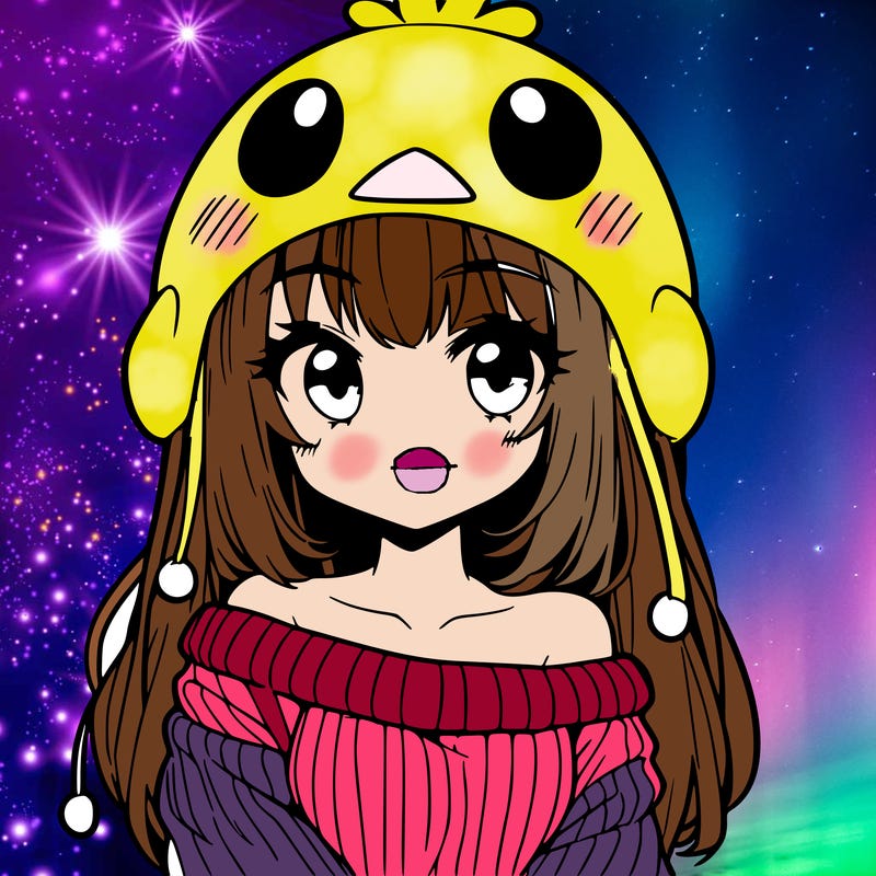 anime girl with chick shaped hat with sweater with bare shoulders with bangs covering them one eye with low tail