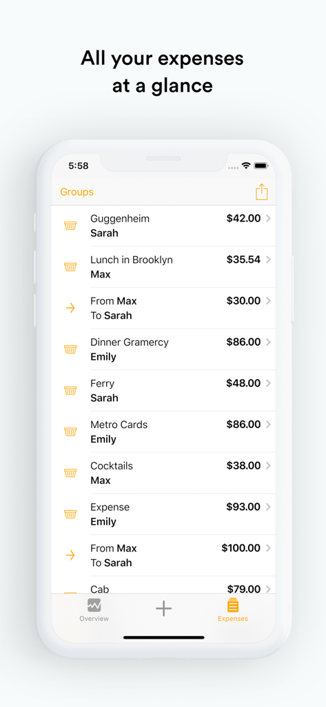 Splid app interface showing a detailed list of shared group expenses