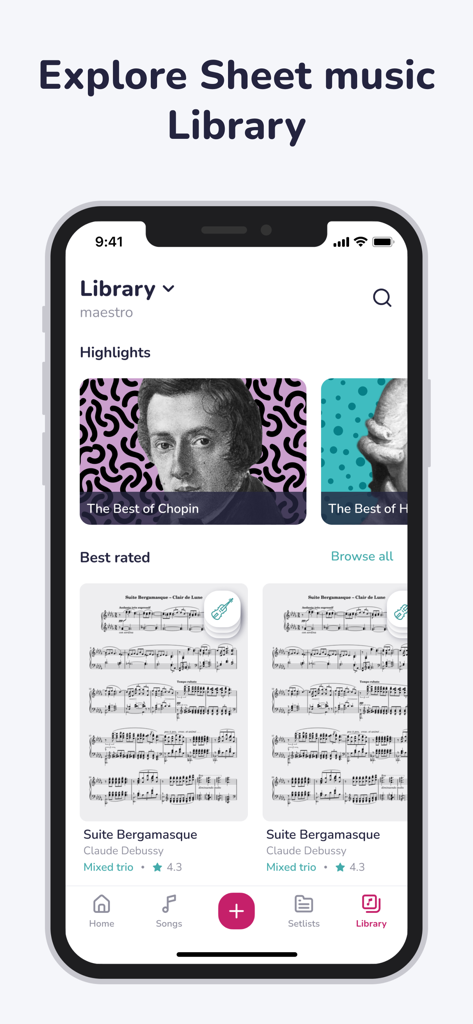 Maestro Amadeus - Sheet Music - Entdecken Sie die Notenbibliothek-Oberfläche in der Maestro Amadeus App mit Highlights und klassischen Musikpartituren.