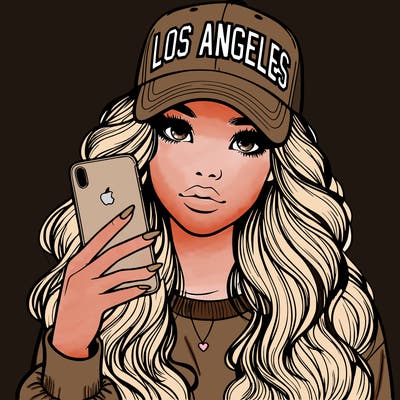 realistic beautiful girl wearing los ángeles cap holding an iphone